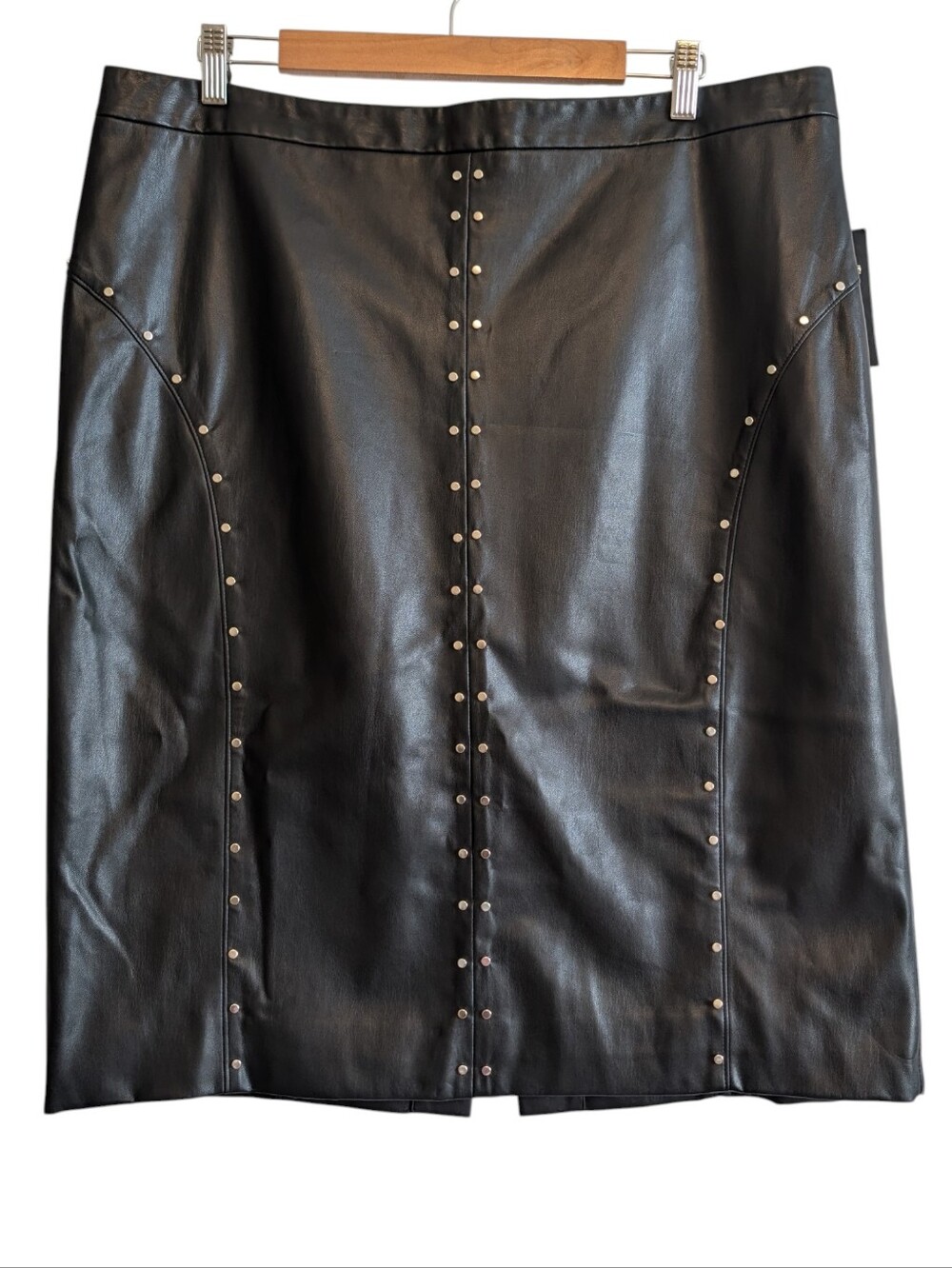 Worthington Black Faux Leather Silver Studs Women's Size 16 Midi Skirt Goth